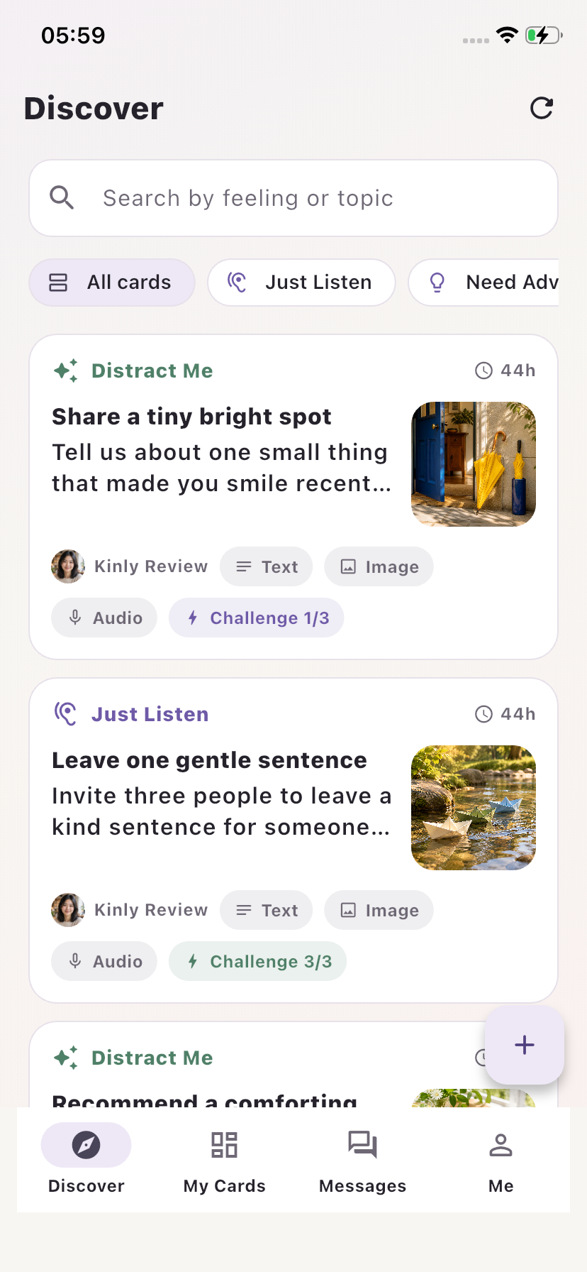 Kinly Discover screen showing support cards for distraction and listening